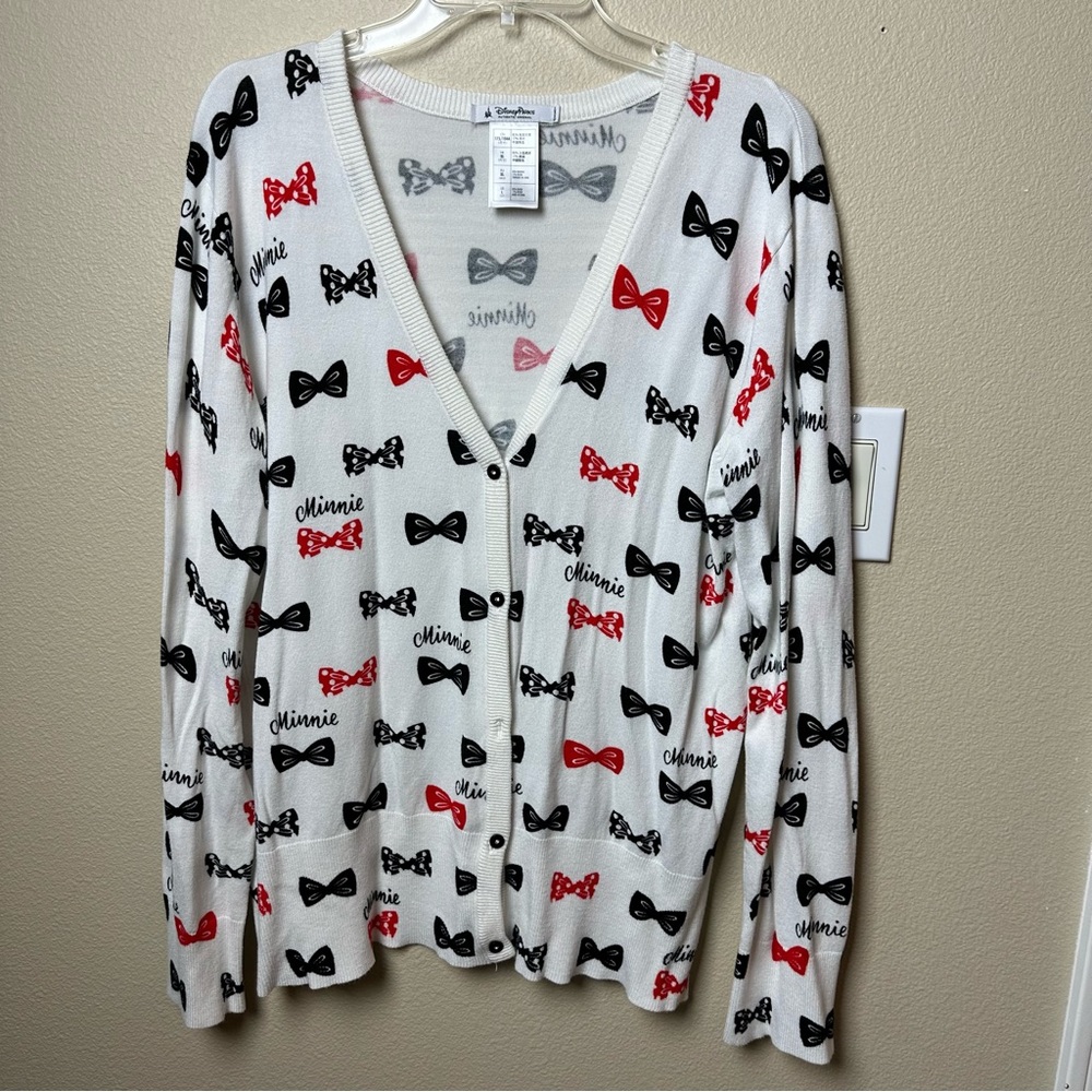 Mouse Bow Print Cardigan Sweater - White, Red, Black